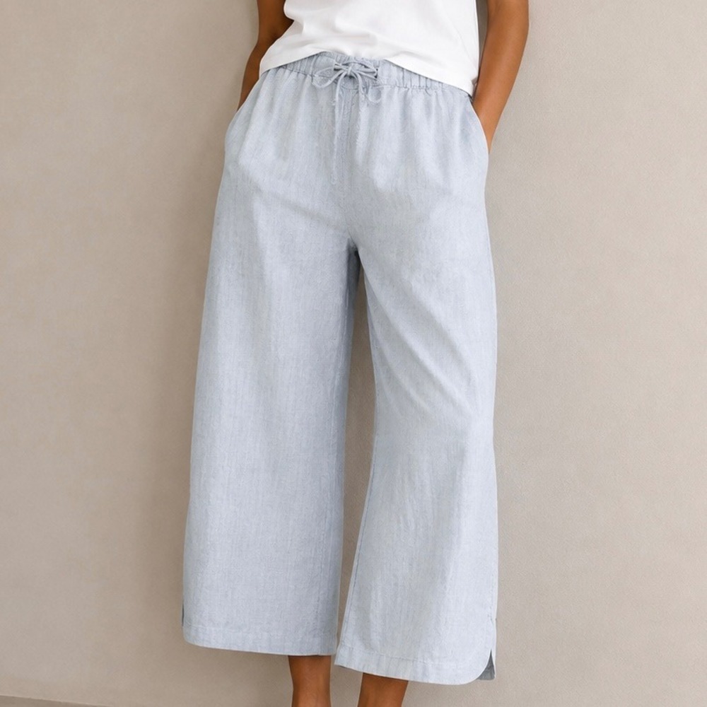 Poetry Linen Pinstripe Wide Leg Drawstring Pants Light Blue White Large